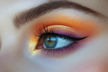 Obraz premium Extreme Close Up of Blue Eye with Sunset Inspired Eyeshadow and Perfect Winged Eyeliner