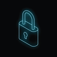 Blue neon closed padlock glowing on black background, concept of cybersecurity or data protection
