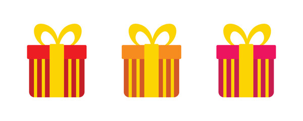 Striped gift box. Gift box set with red, orange, pink color for holiday celebration, special sales offer, birthday celebration. Gift box with wrapping paper and ribbon bow.