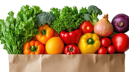  A brown paper bag filled vegetables isolated on white background. 