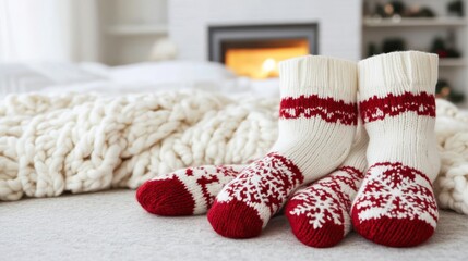 Cozy winter decor handmade knitted socks warm living room home comfort inviting atmosphere seasonal vibes