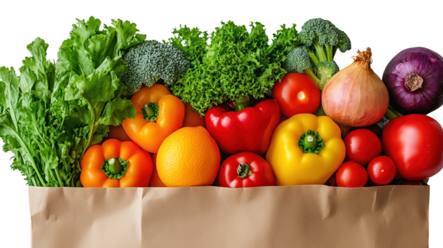  A brown paper bag filled vegetables isolated on white background. 