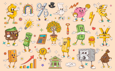 Fototapeta premium Cartoon retro groovy finance characters and symbols of money and bank. Funny smile hippie cash coins and wallet with dollars vector personages. Happy credit card, piggy bank, safe, vintage money bag