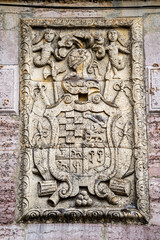 Reyero House, main coat of arms, palace-house, Lois town, municipality of Crémenes, Autonomous Community of Castile and Leon, Spain