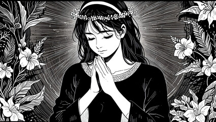woman hands in prayer, spirituality and inner peace sketch engraving illustration. Scratchboard imitation. Black and white image