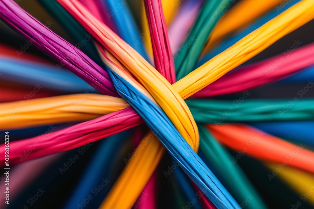Wall mural colorful ropes are connecting together creating a network symbolizing synergy and teamwork
