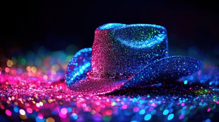 A glittering cowboy hat on a colorful, sparkly background, evoking a festive atmosphere.