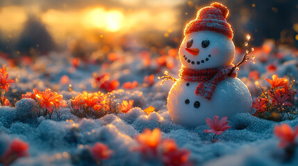 Obraz premium Charming Snowman in Blossoming Landscape Symbolizing Climate Change Effects in Winter