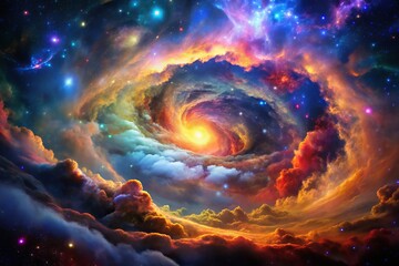 Vibrant Double Exposure of a Colorful Galaxy Nebula and Swirling Galaxies in Outer Space, Capturing the Essence of a Fantastic Supernova and Night Sky Wonder