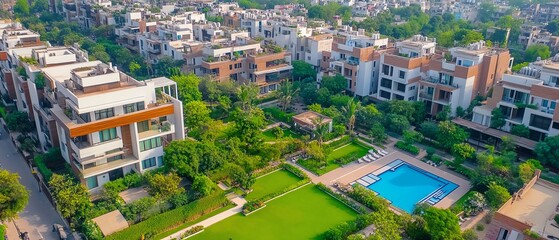Fototapeta premium Birds-eye view of a serene cityscape, elegant rooftops harmonizing with common gardens and streets, showcasing simplicity in luxury