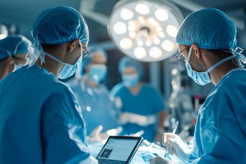 In a well-lit operating room, a skilled surgical team collaborates, utilizing a digital tablet, with medical expertise and precision for enhanced patient care.