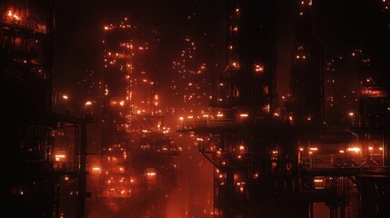 A dark, industrial landscape illuminated by glowing lights, suggesting a dystopian setting.