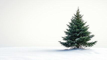 Green Christmas tree on white background, banner with copy space