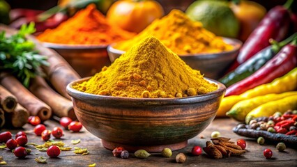 Fototapeta premium Vibrant Turmeric Powder in a Rustic Terracotta Bowl Surrounded by Indian Spices, Showcasing the Rich Colors and Textures of Traditional Culinary Ingredients