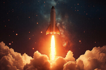 Fototapeta premium Spaceship is launching through a cloudy atmosphere with bright orange fire coming out of its bottom