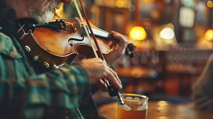 A man playing the violin in a cozy setting, with a drink on the table, creating a warm atmosphere.
