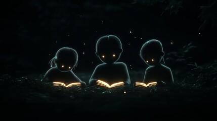 Naklejka premium Mystical children reading glowing books in enchanted forest at night