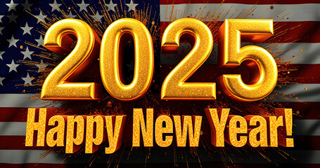 Gold colored sign that says Happy New Year! and has the year 2025 on it american flag in the background