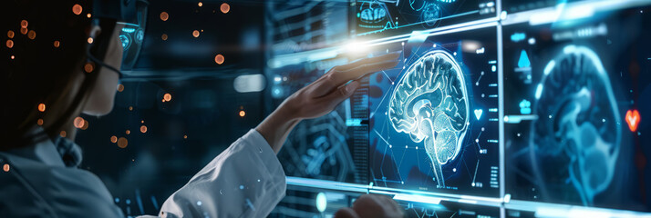 A doctor using a holographic interface to review a patient's brain scan results