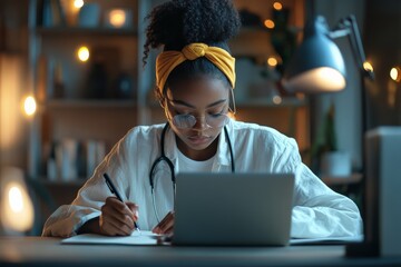 A young female doctor focused on writing notes with her laptop and stethoscope nearby, signifying dedication and professionalism in the medical field.