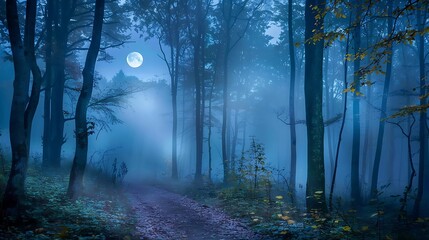 Obraz premium A serene misty forest path illuminated by moonlight, creating a mystical atmosphere.