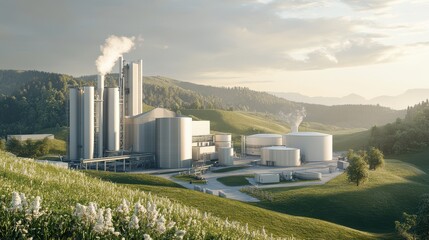 Bioenergy Production Industry Concept, Industrial Biomass Processing Facility with Silos and Storage Tanks Surrounded by Lush Greenery Under a Bright Sky with Clouds
