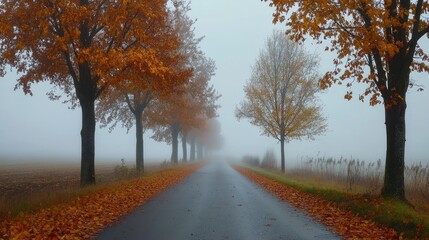 Misty country road lined with autumn trees and fallen leaves, creating a serene and atmospheric scene. Generative AI