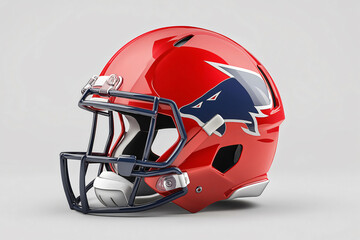 Fototapeta premium Vibrant red football helmet with navy logo on grey surface exudes safety for athletes. Standout design perfect for sports projects