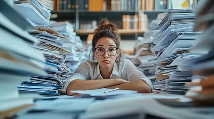 An office worker overwhelmed by stacks of paperwork