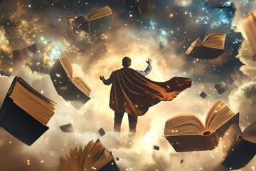 Close-up of a teacher, surrounded by floating books and galaxies, superhero cape billowing in a dreamlike landscape