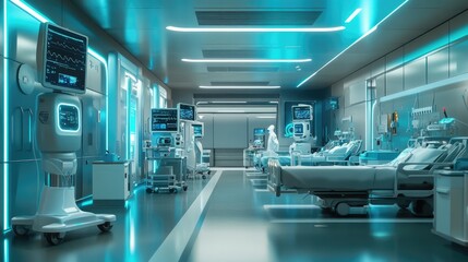 Futuristic hospital room with robotic equipment, glowing monitors, and high-tech design. Generative AI