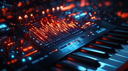 Neon synthesizer in a digital futuristic environment with glowing circuit elements and vibrant colors. Generative AI