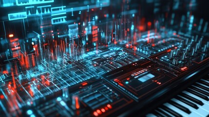 Obraz premium Neon synthesizer in a digital futuristic environment with glowing circuit elements and vibrant colors. Generative AI