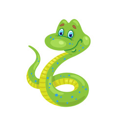 Funny green cute little snake. Isolated on white background. Vector flat illustration.