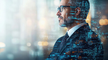 businessman in suit with digital overlay, symbolizing innovation and technology. image conveys sense of modernity and professionalism