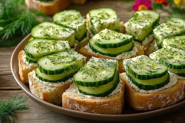 Cucumber and dill sandwiches on rustic bread platter.