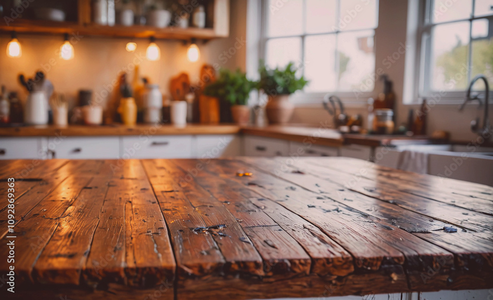 Aufkleber wooden table with a view of the kitchen. there are several potted plants on the table and in the bac