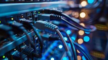 CloseUp of Network Cables and Servers in a Data Center Illuminated by Colorful Lights