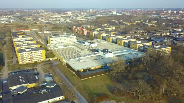 Top view of apartment condos in Linkoping city, Sweden. Family housing in quiet neighborhood. Real estate development in Scandinavian suburbs