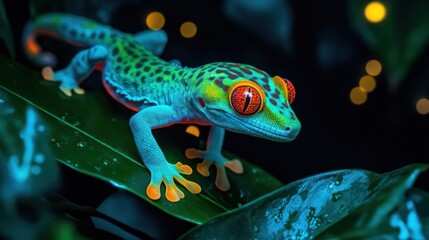 Fototapeta premium A vibrant gecko perched on a leaf, showcasing its colorful patterns in a dark setting.