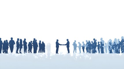 Silhouettes of business people shaking hands in the center, many silhouettes on a white background, vector illustration style, flat design