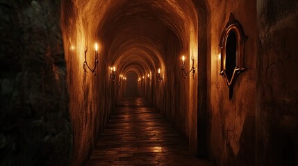 Dimly lit medieval hallway with stone walls, candle sconces, and an atmospheric vintage setting. Generative AI