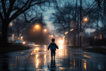 A child in a blue jacket walks along a rainy street at dusk, surrounded by glowing streetlights and reflections on the wet pavement, creating a serene atmosphere.