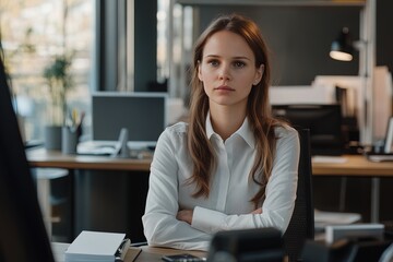 Young professional woman sitting at office desk, focused on screen during work hours