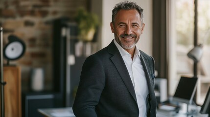 Fototapeta premium A smiling man in a suit stands confidently in a modern office setting.