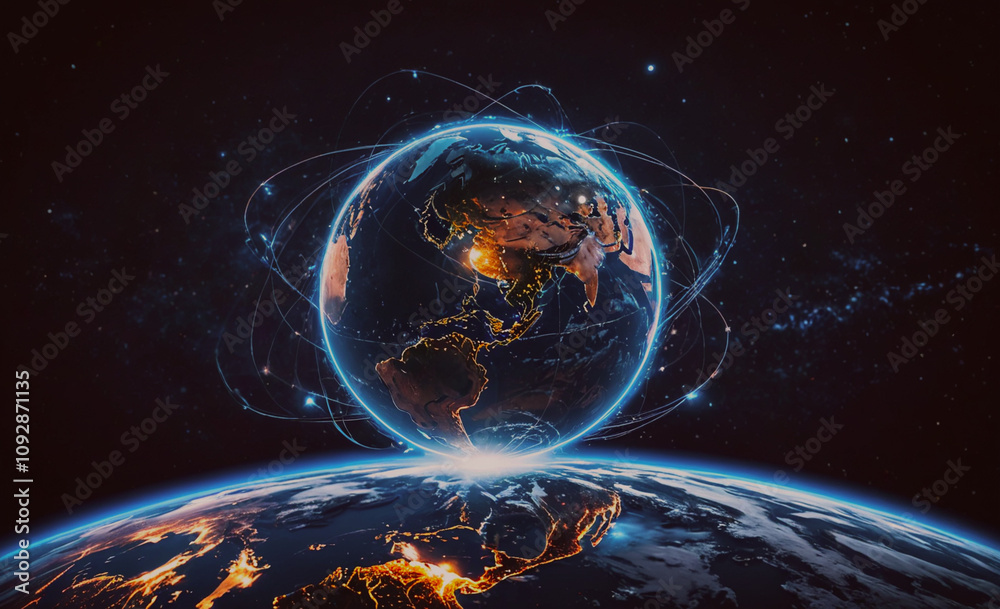 Poster planet with a blue and black color. the planet is surrounded by a lot of stars. the planet is in the