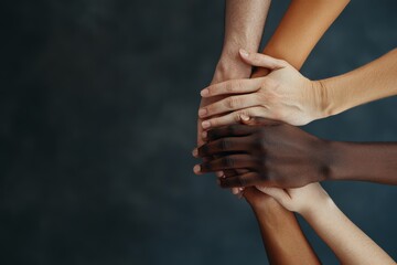 Multiple hands of different skin tones interlocking, symbolizing unity, diversity, and human connection in a harmonious and supportive expressive composition.