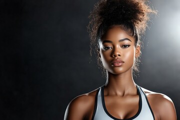 A fit female athlete poses confidently in sporty attire against a dark backdrop, displaying strength, confidence, and determination in a dynamic, empowering shot.