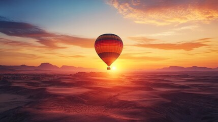 Fototapeta premium Hot air balloon floating over a desert landscape at sunrise with glowing orange light. Generative AI