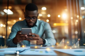 A focused man interacts with his smartphone as virtual graphs and data overlays appear, emphasizing advanced technology and analytical skills in a dynamic setting.